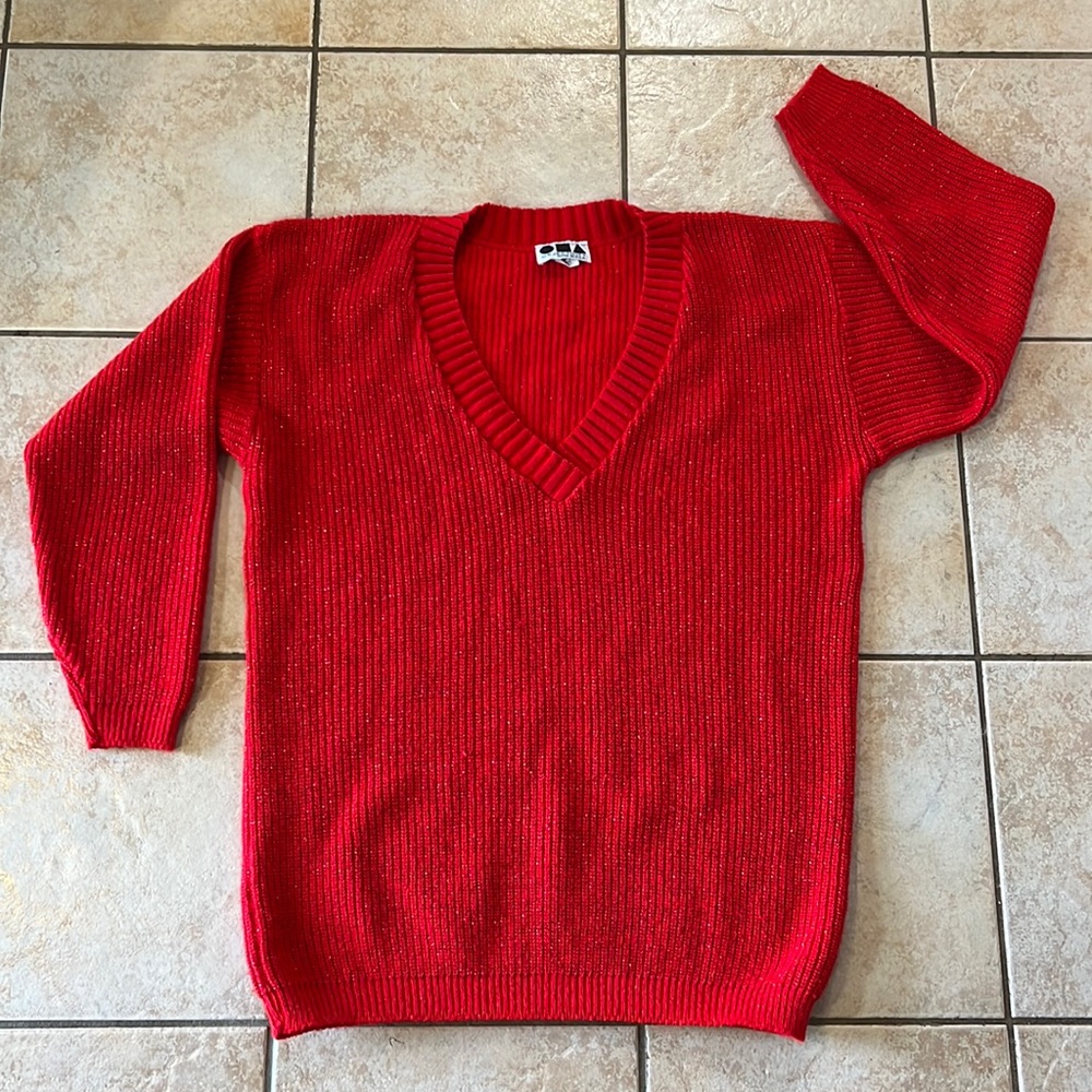 Vintage‎ 90s Made in USA Objectivity Red V-neck Sweater, Sz Large